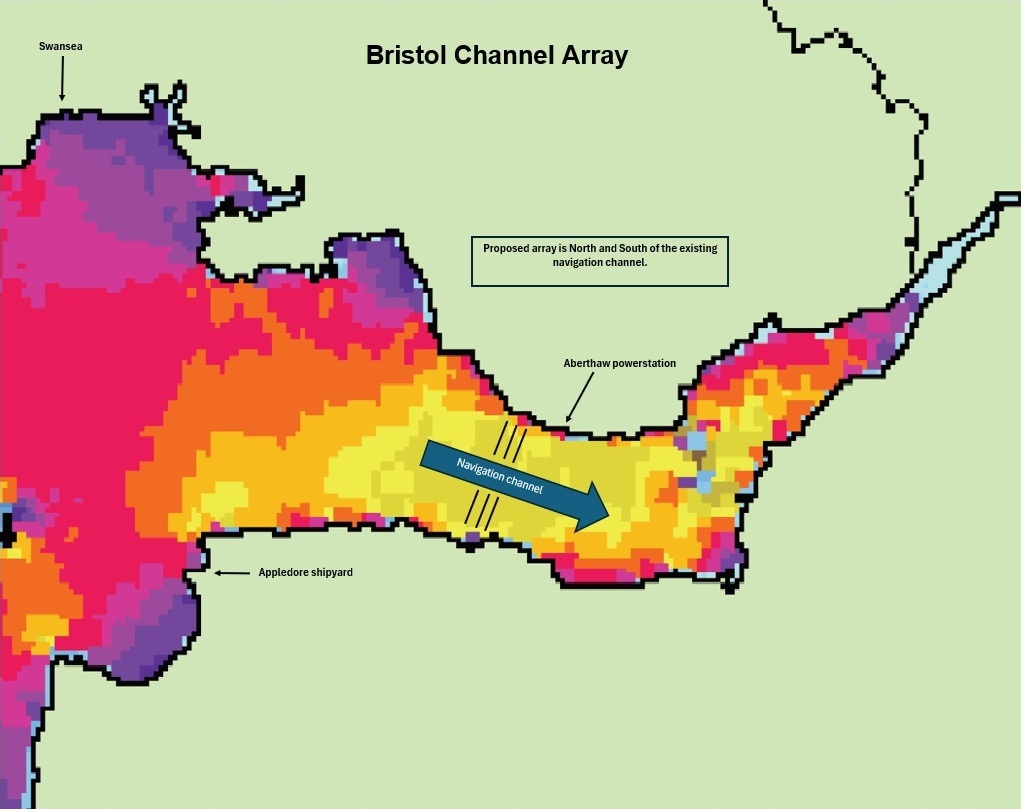 Illustrative proposed location and layout of a Bristol Channel marine-energy array