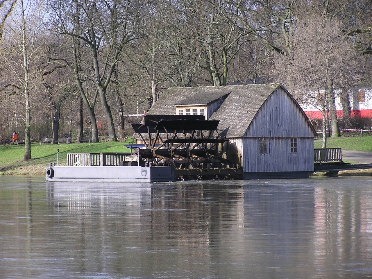 Traditional floating watermill on the River Weser
							at Minden, Germany