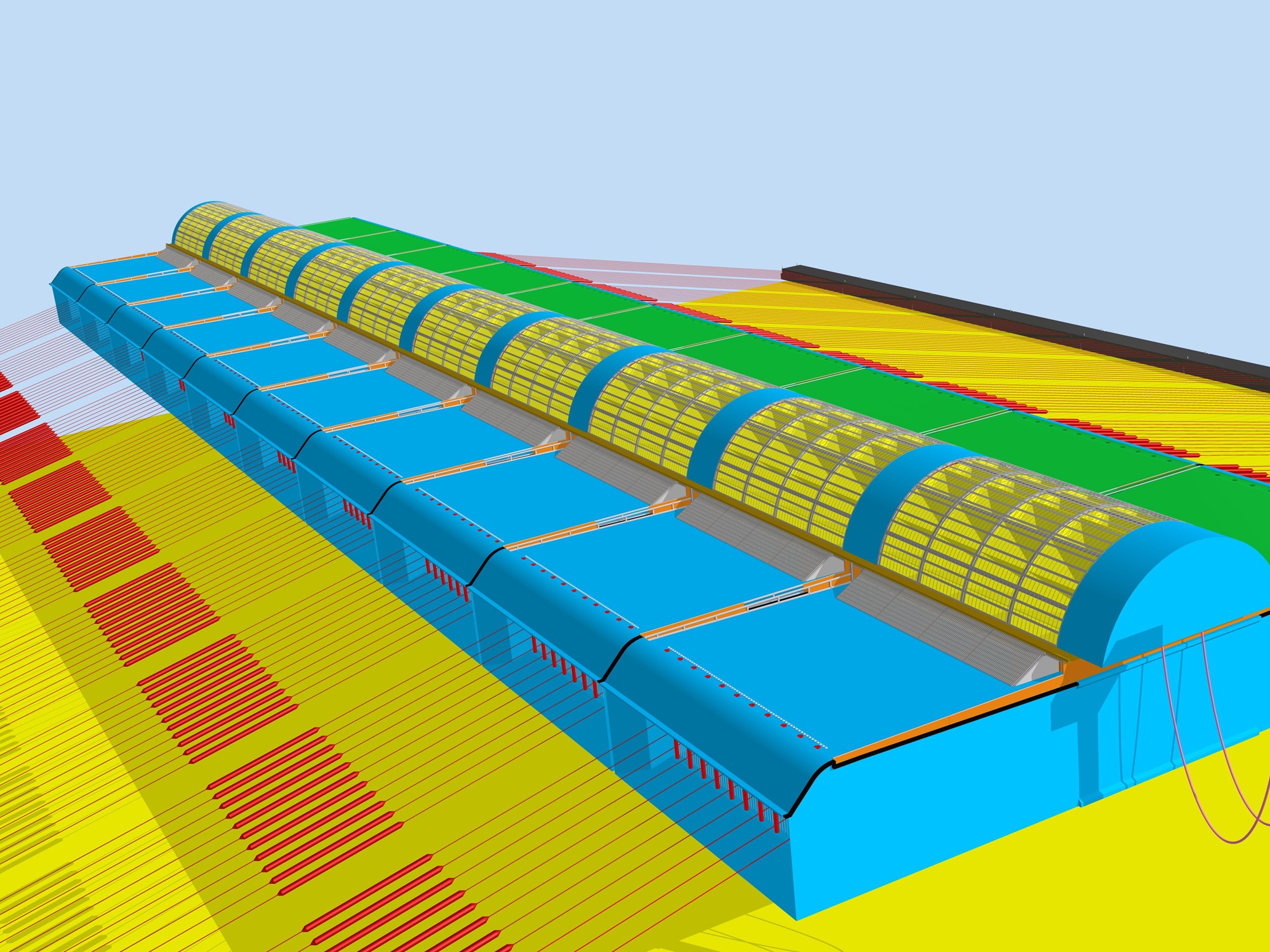 Isometric view of a Pliosaur Energy turbine array fitted with debris-collection screens