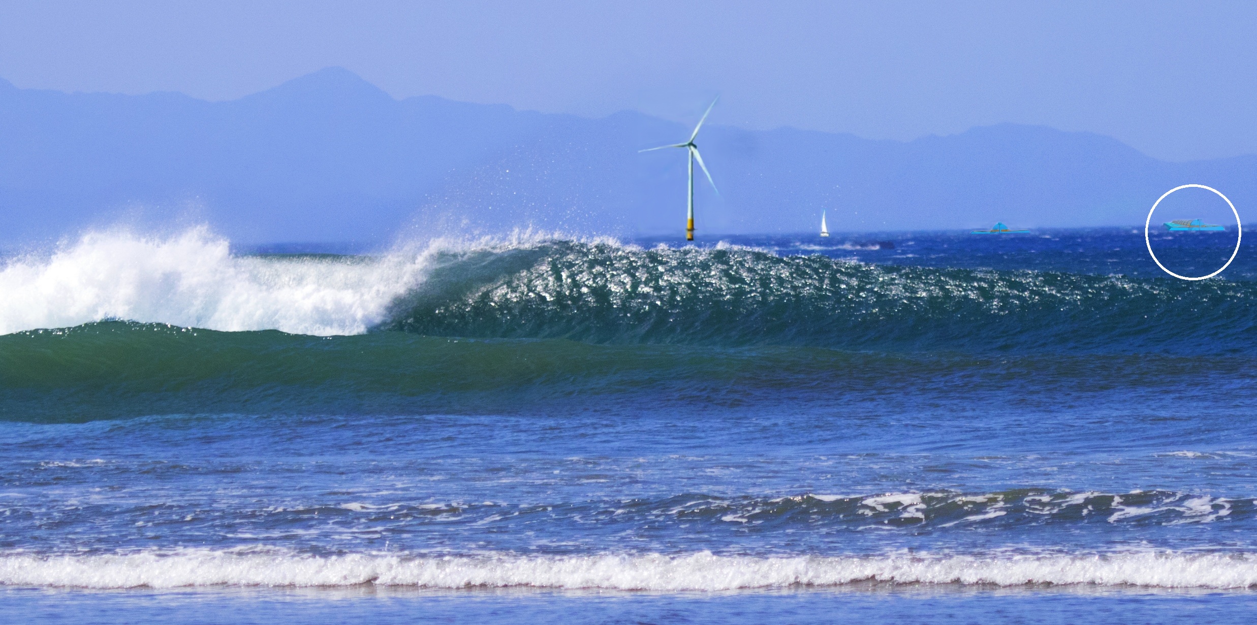 View from two kilometres comparing a Pliosaur Energy turbine array on the right with an offshore wind turbine and a yacht sail