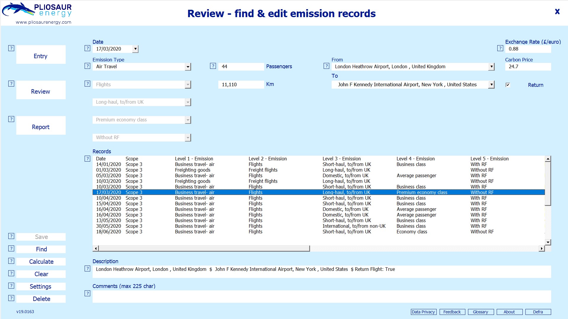 Review historical flight emission records.